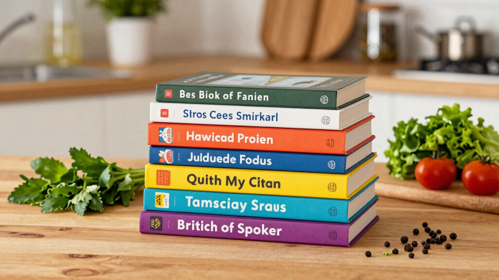 Stack of British recipe cookbooks on a kitchen shelf with fresh herbs and ingredients