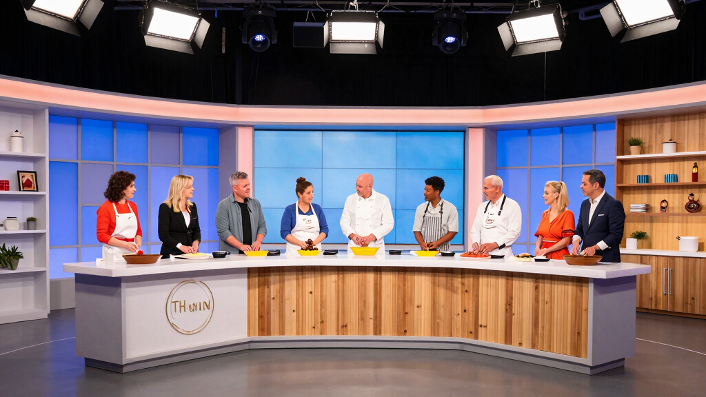 Television cooking competition studio with judging table and bright stage lighting
