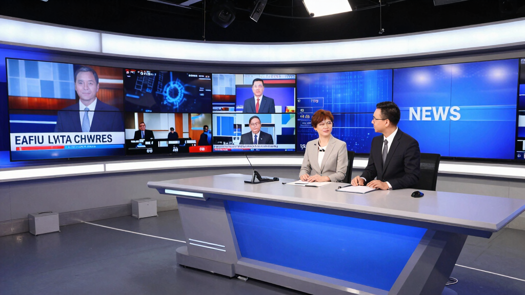 BBC news studio with broadcast desk and screens