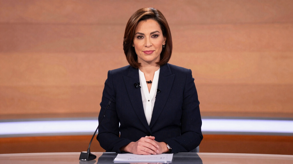 Natasha Kaplinsky BBC news presenter at broadcast desk