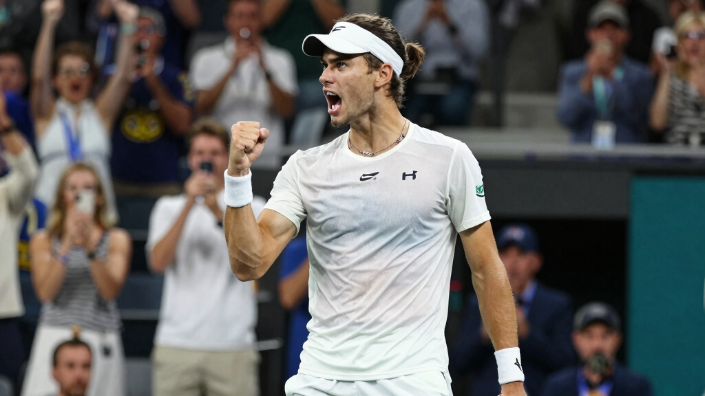 Tennis player celebrating a match victory with fist pump crowd cheering