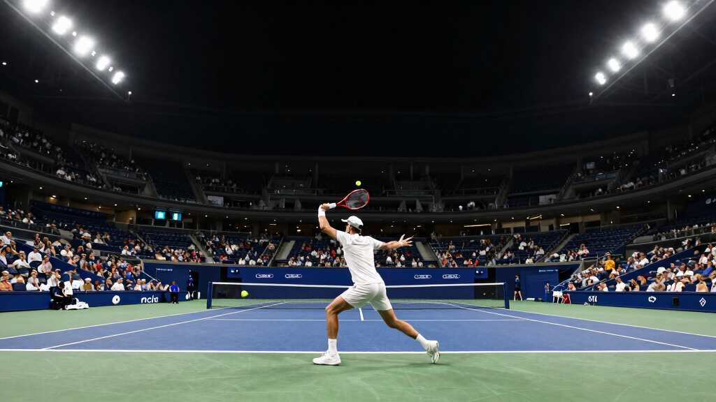 Night tennis match at illuminated court with electric crowd atmosphere