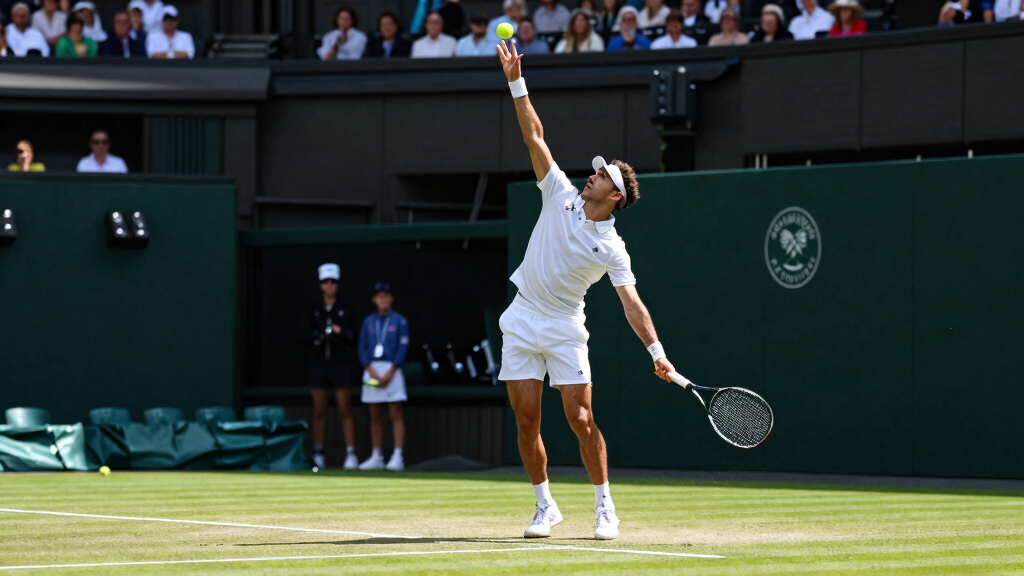Tennis player serving powerfully at Wimbledon grass court in white outfit