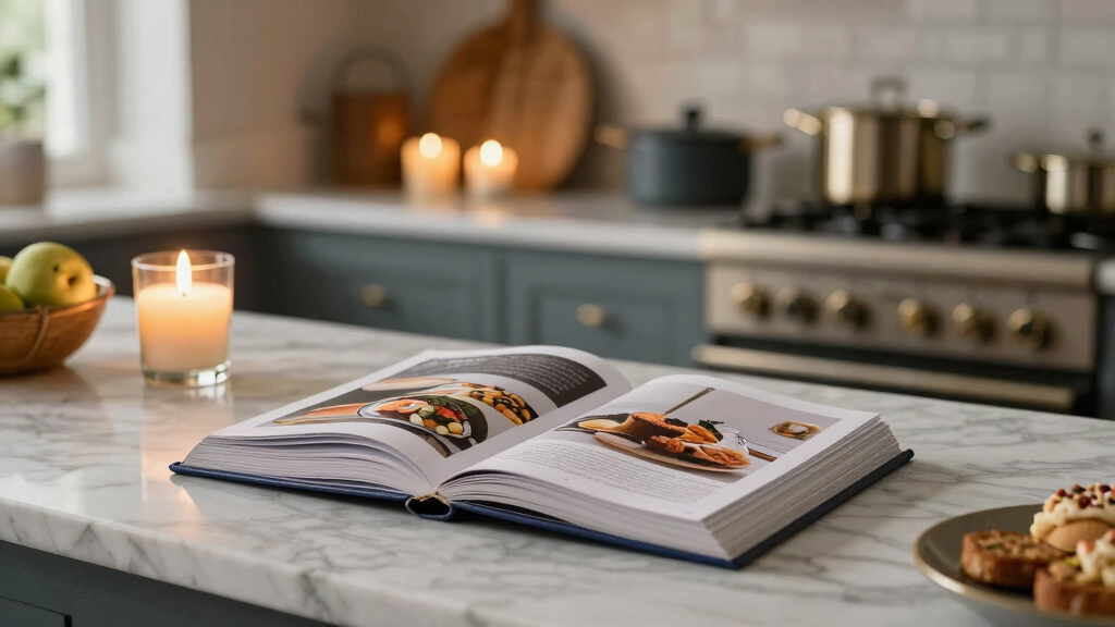 Elegant British home kitchen with luxury cookbook and ingredients