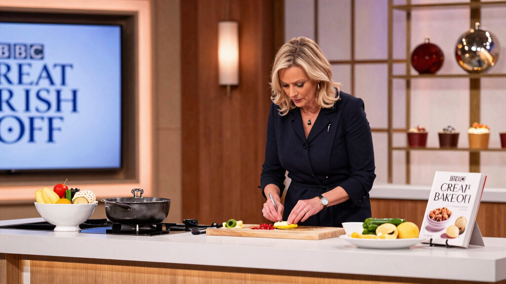 Television cooking show studio with food preparation and warm lighting
