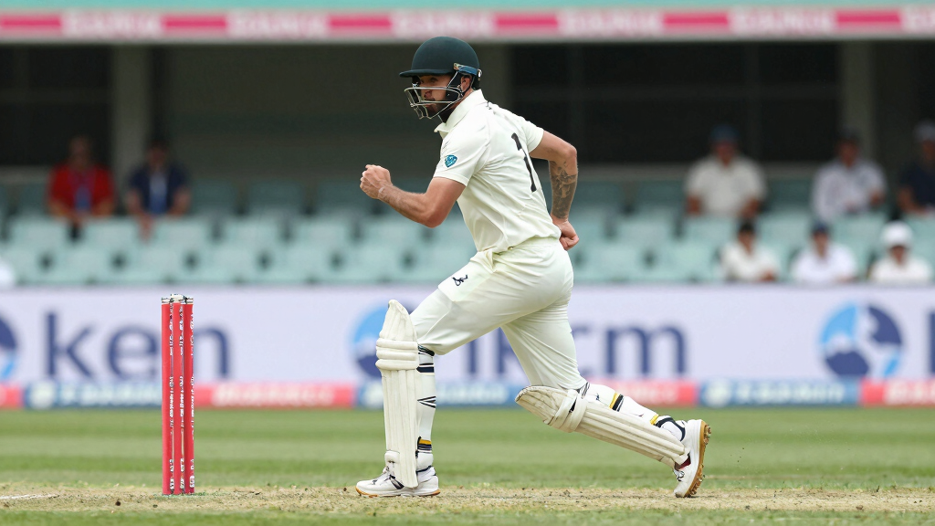 Cricket fast bowler delivering at full pace in Test match whites