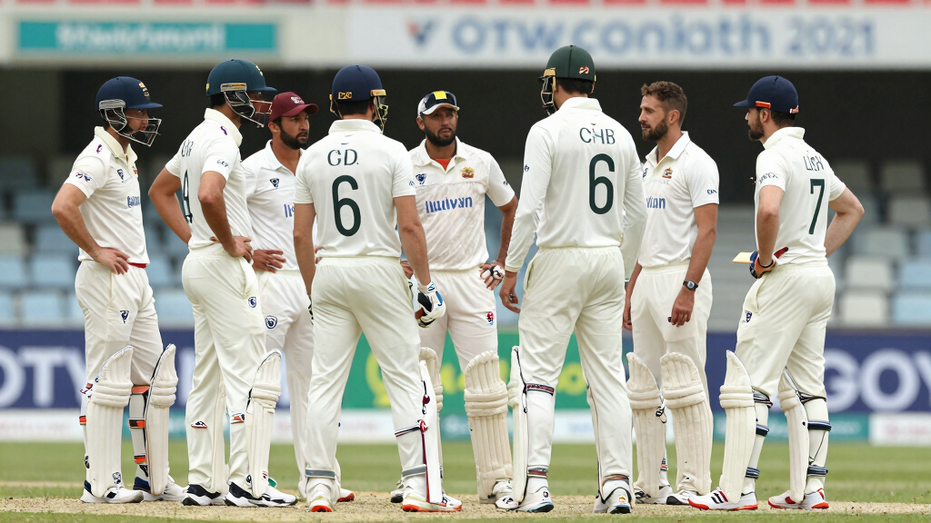 Cricket captain in team huddle strategic leadership Test match whites