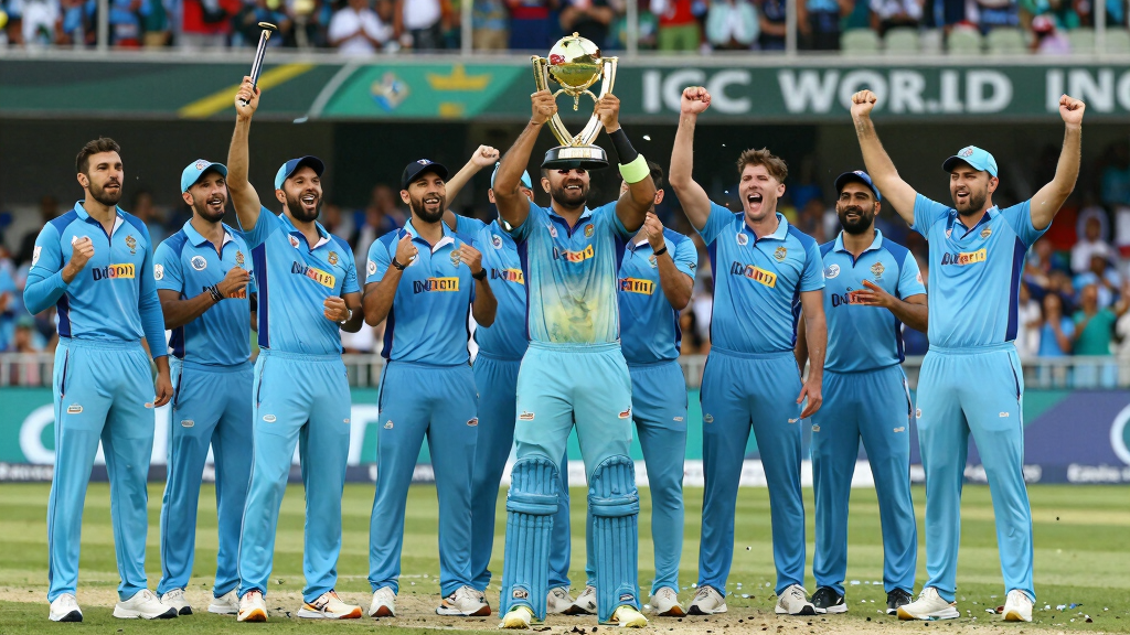 Cricket team celebrating ICC World Cup victory with trophy