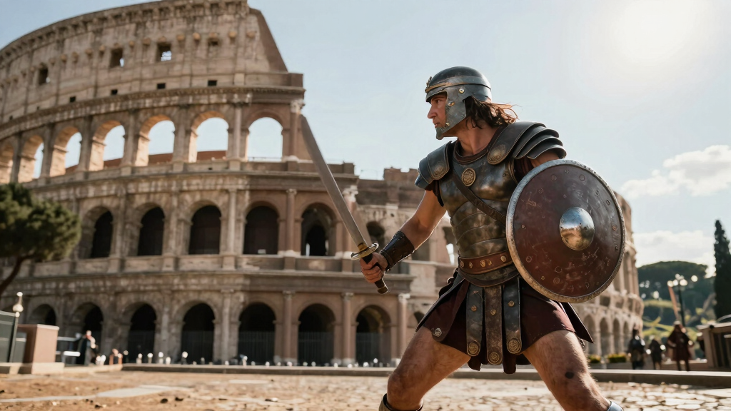 Paul Mescal in Gladiator II arena scene, Roman Colosseum battle, warrior in armour