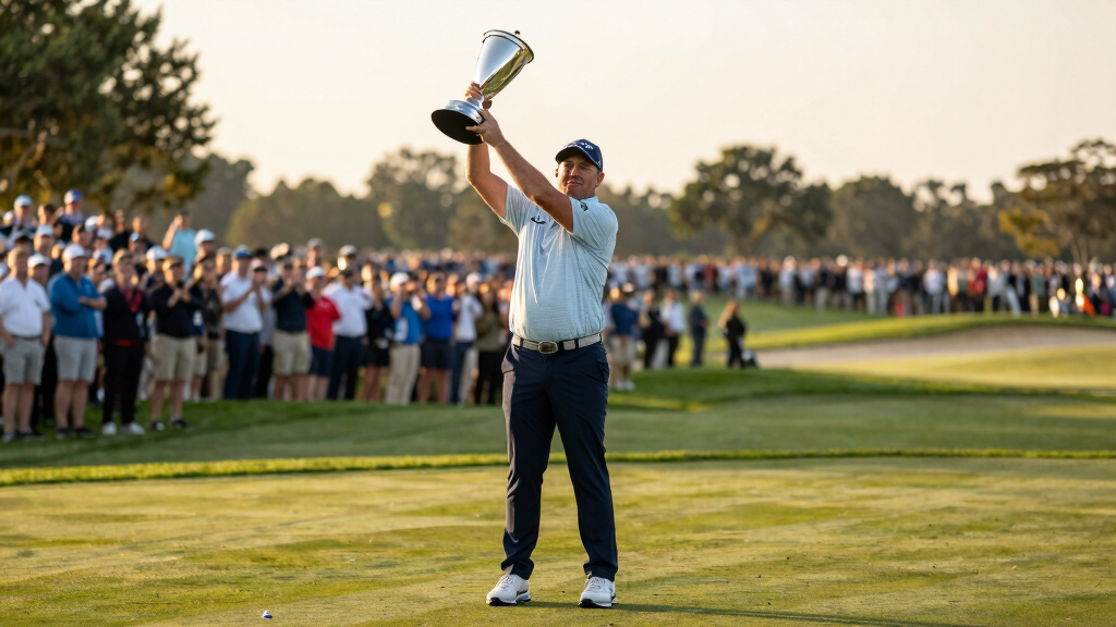 Rory McIlroy holding golf trophy at major championship