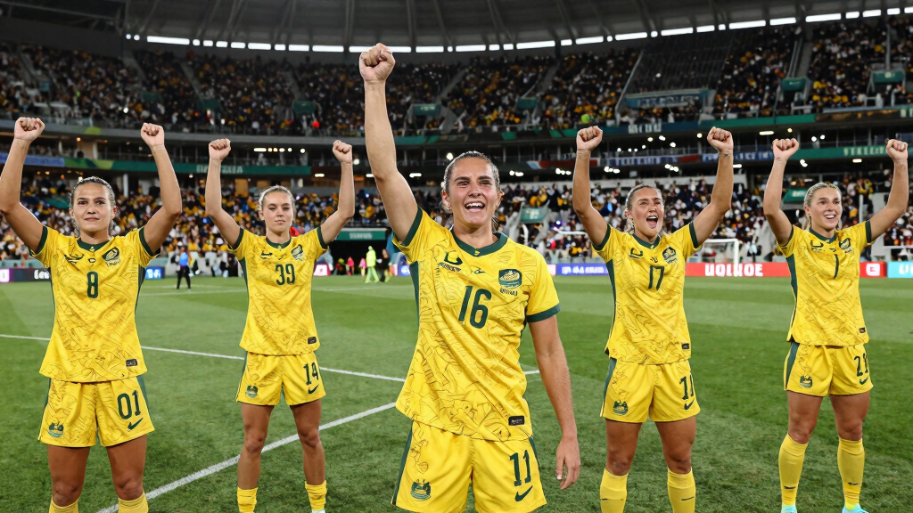 Australian womens football team celebrating with trophy international match