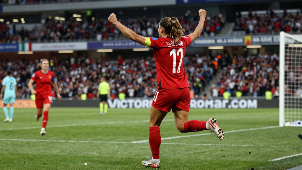 Female football player celebrating a goal in stadium lights