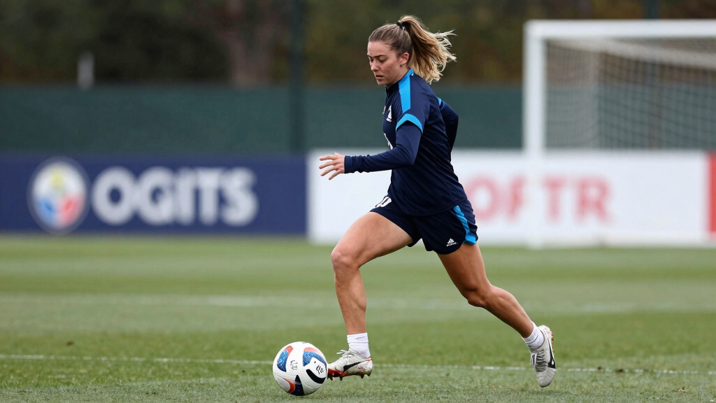 Professional female athlete training with football on grass pitch