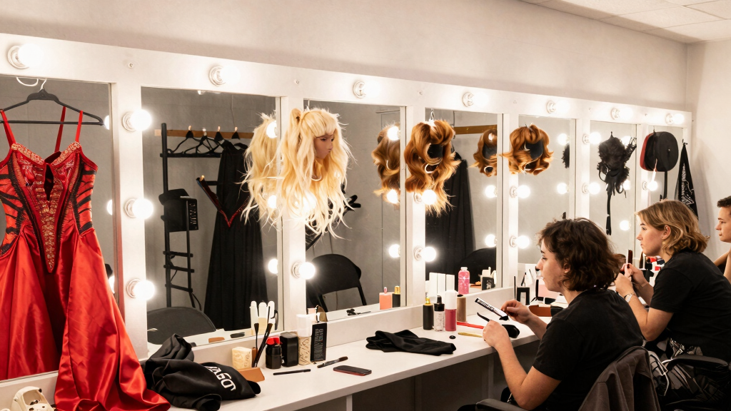 Backstage theatre dressing room with performance costumes and BGT atmosphere
