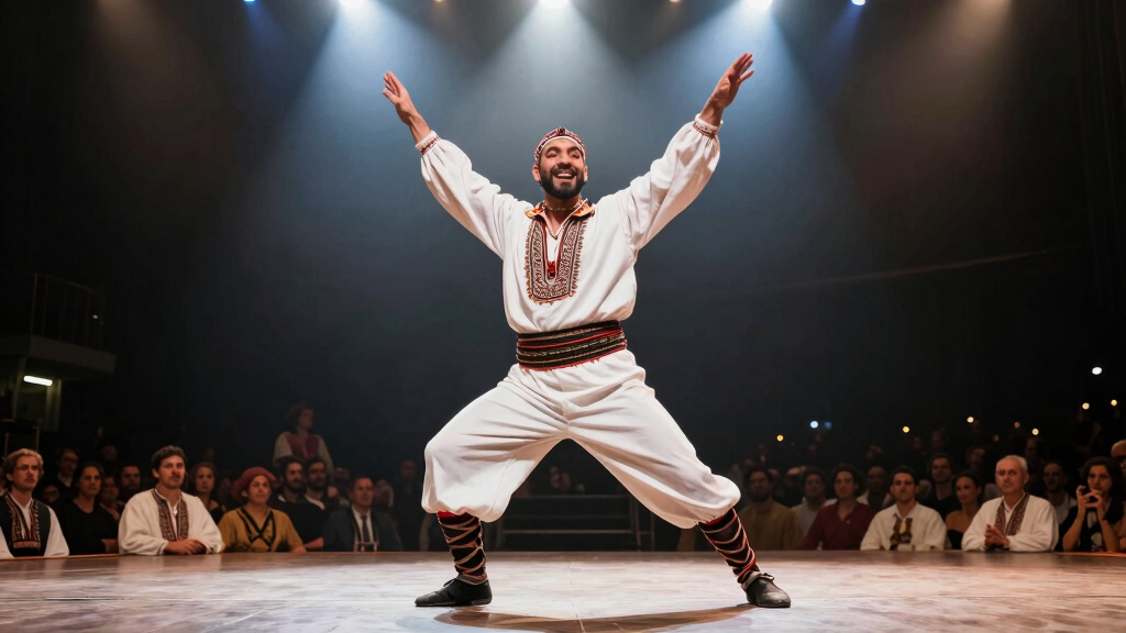 Comedy dance performer in exaggerated Irish dance style on a bright stage