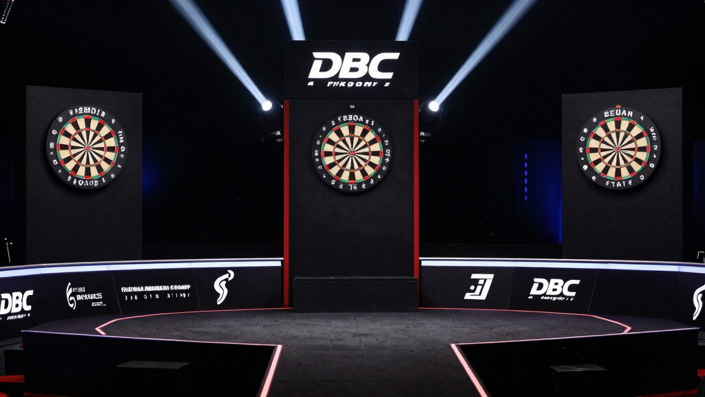 PDC darts championship stage with dartboard under spotlights