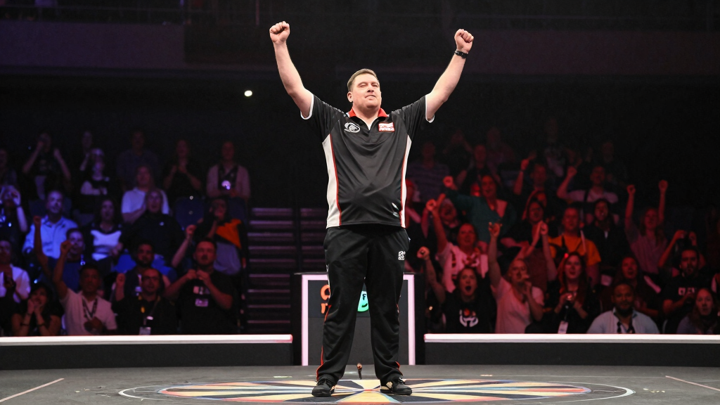 Stephen Bunting celebrating a PDC darts tournament victory on stage