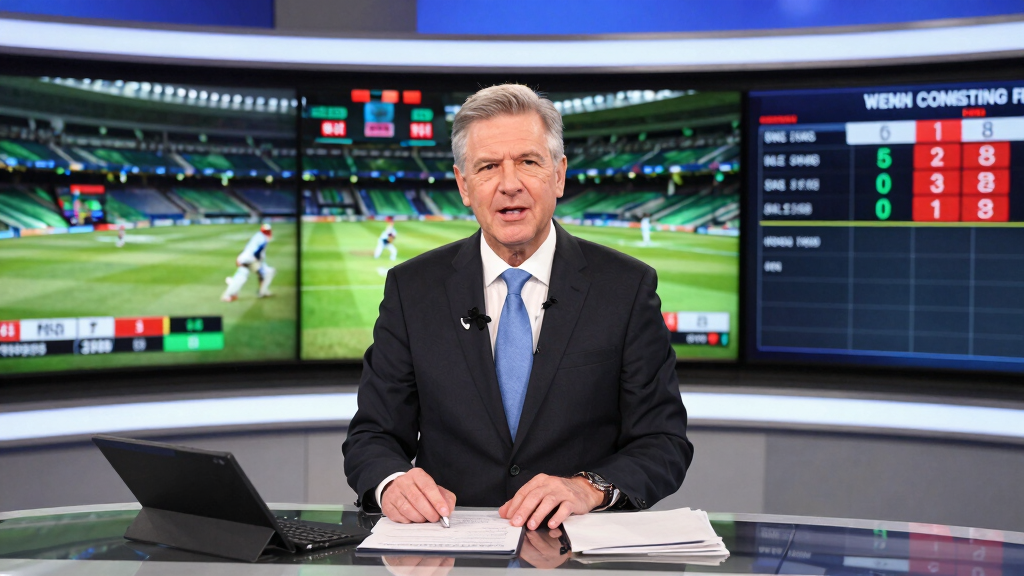 Cricket commentator at television broadcast desk with screens