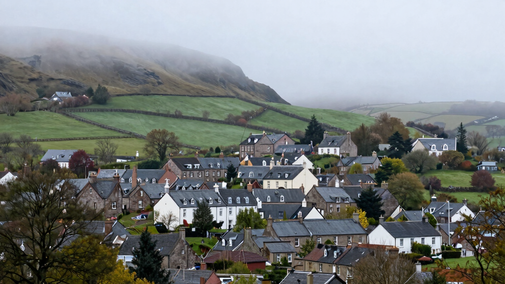 Small Scottish village with terraced houses and green hills in a misty morning