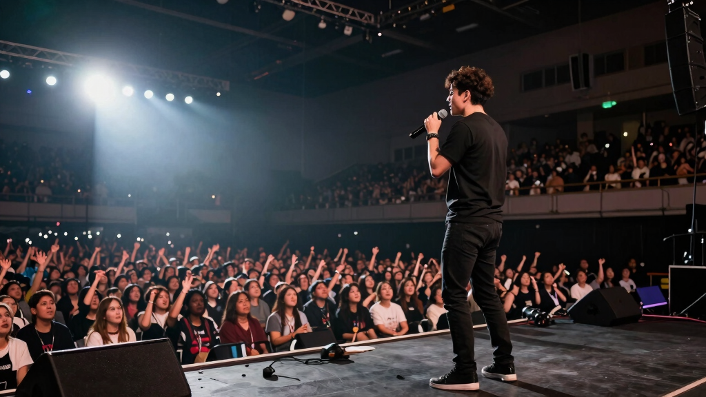 Singer performing to a large audience with stage lighting and microphone emotional concert