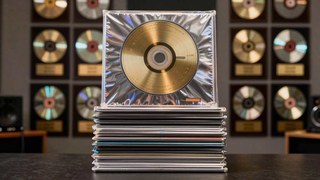 Gold and platinum music album discs mounted on a wall in a recording studio