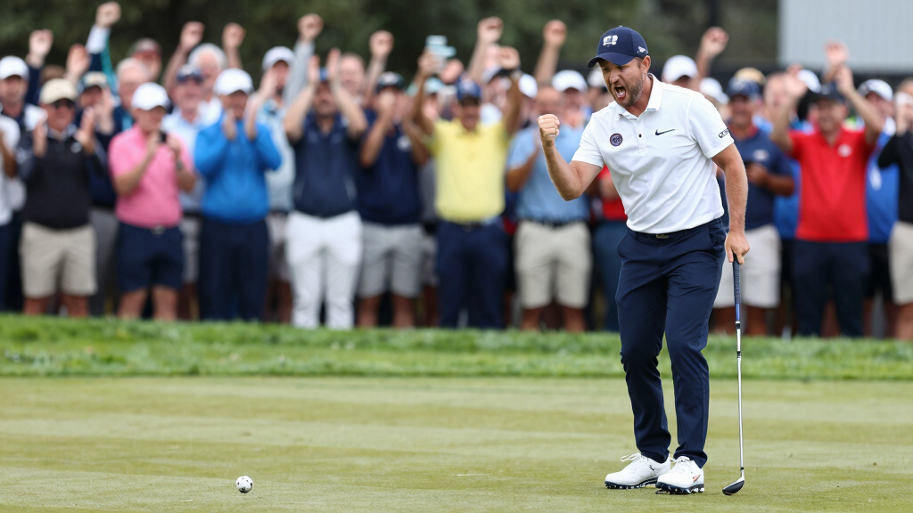Tommy Fleetwood celebrating a birdie putt on the green