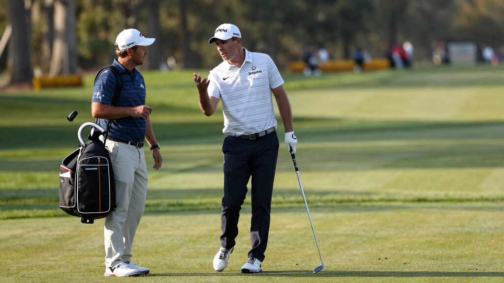 Tommy Fleetwood consulting with caddie