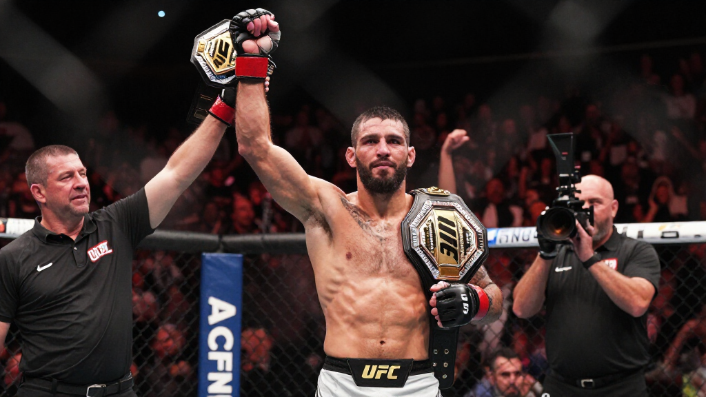 UFC MMA fighter champion celebrating victory in octagon with championship belt raised