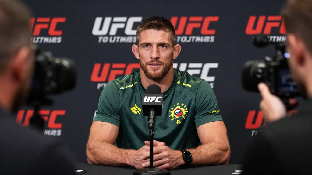 Australian sportsman at UFC press conference with branded backdrop, media event professional photography