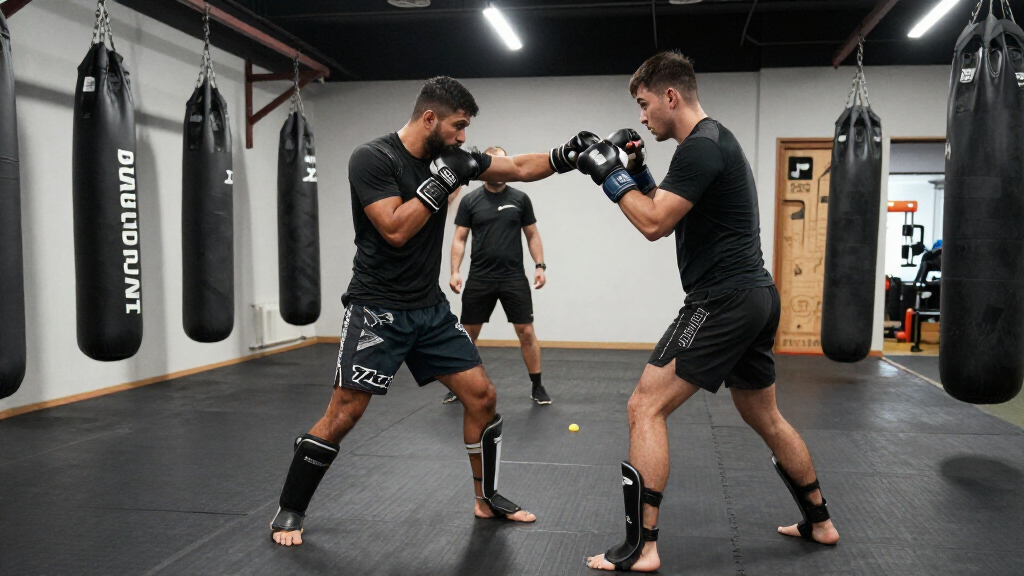 MMA fighter training session in gym with coaches, intense fighting arts workout atmosphere