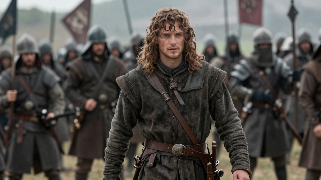 Actor in period costume on a medieval battlefield in an epic film