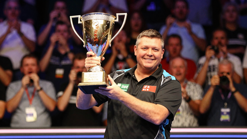 Darts player holding UK Open trophy major PDC championship victory