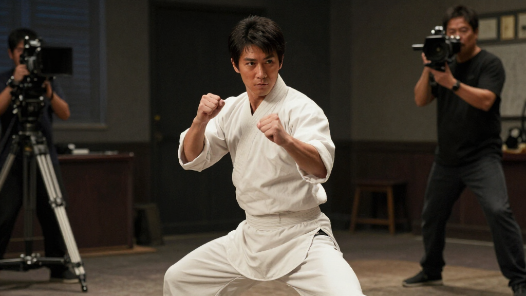 British Japanese actor in martial arts action pose on movie set, action film atmosphere, professional photography