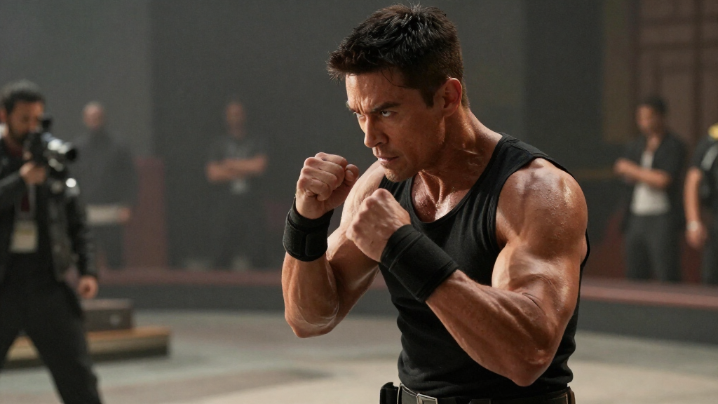 Action movie lead actor in intense fighting stance with dramatic lighting in Hollywood blockbuster production