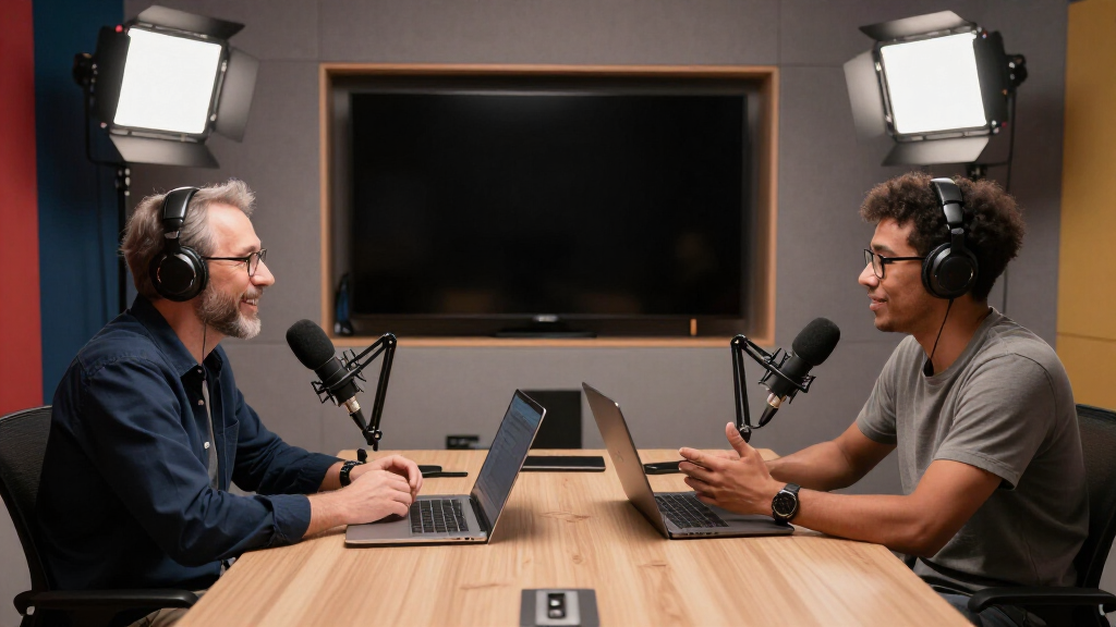 Professional podcast studio with hosts at microphones, animated conversation, modern studio lighting