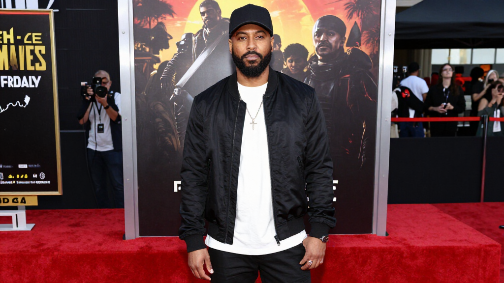 Comedian at a Hollywood movie premiere in stylish streetwear, red carpet entertainment event
