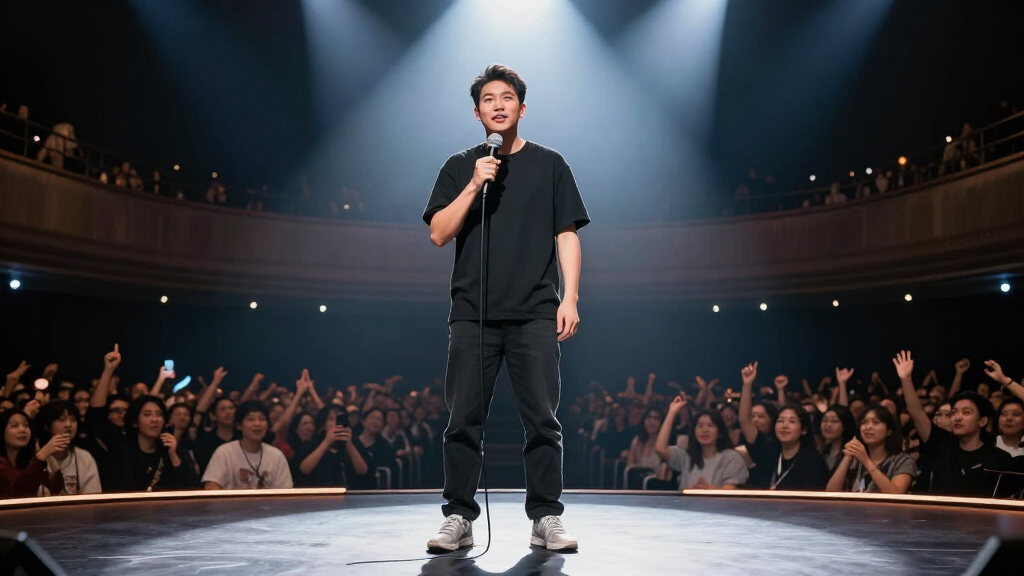 Stand-up comedian performing on a large arena stage with bright spotlight and energetic crowd