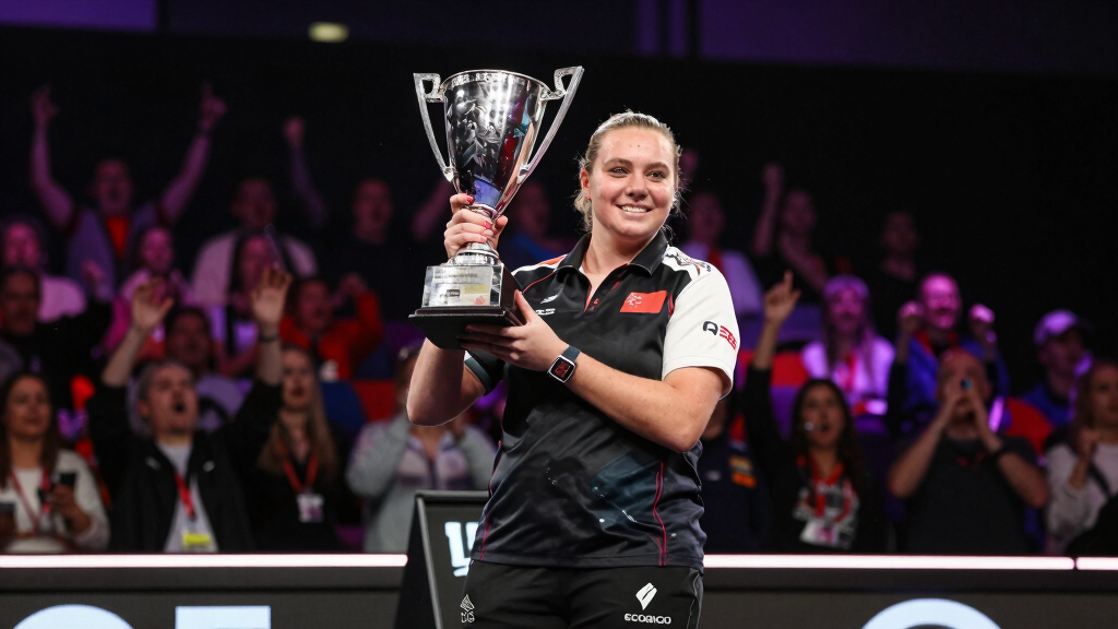 Beau Greaves female darts champion trophy WDF world championship