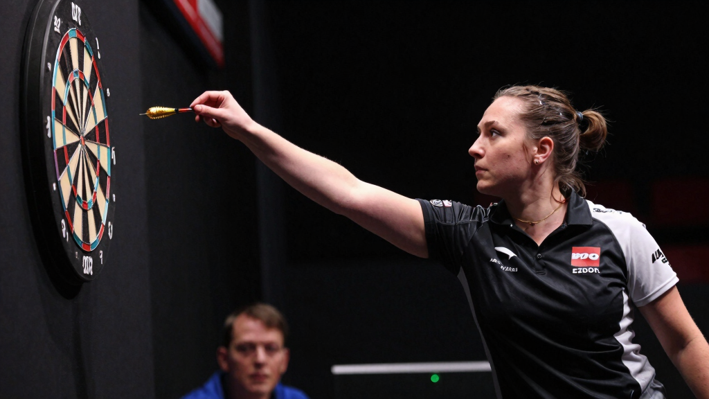 Female darts player throwing at dartboard professional PDC competition