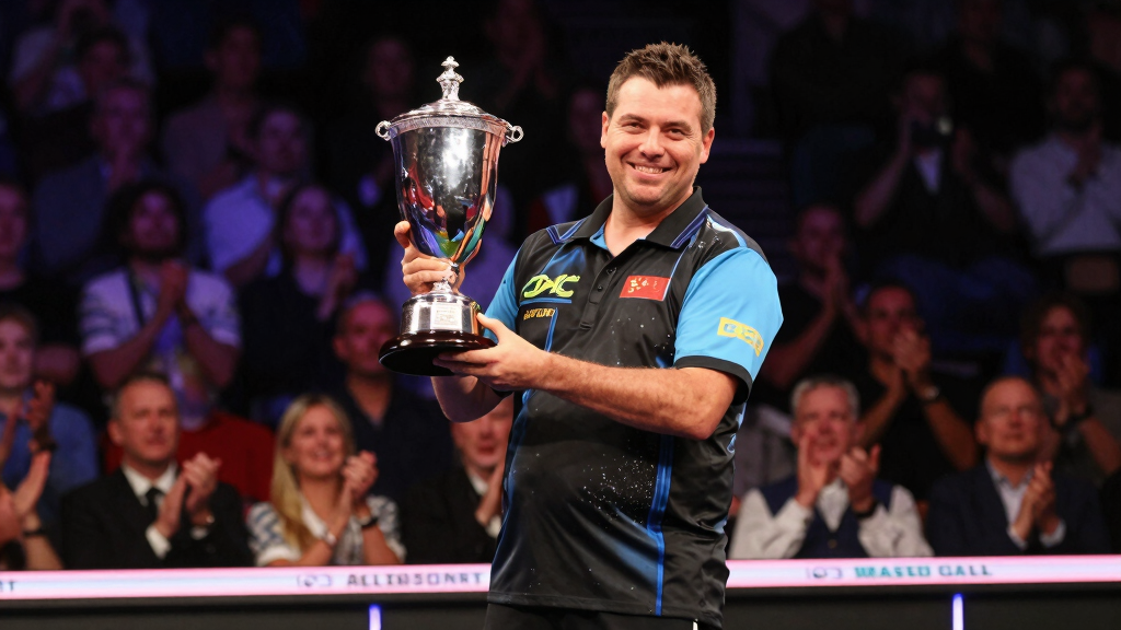 Darts player celebrating the Masters title with trophy on stage at a PDC event