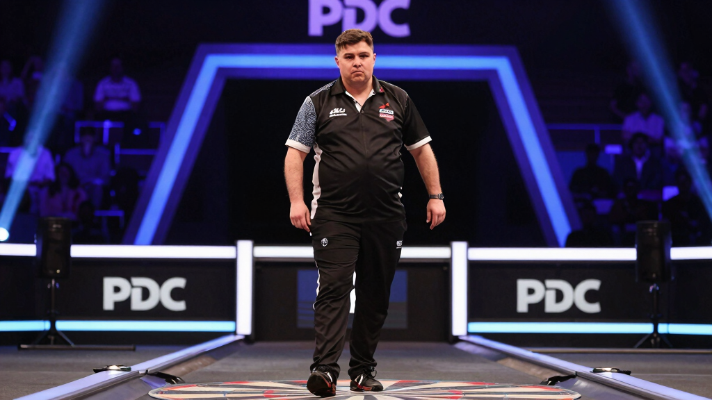 Darts player at the PDC Premier League on a modern arena stage