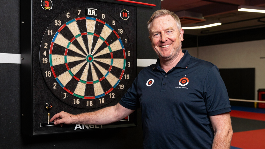 Chris Dobey posing with Target darts equipment, indoor sponsor backdrop