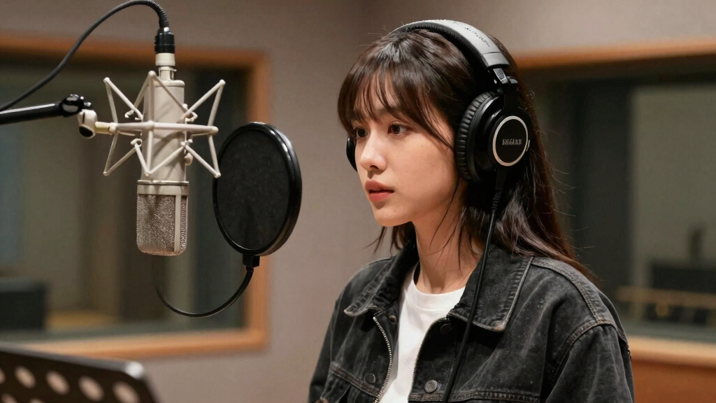 Young female singer recording in professional music studio