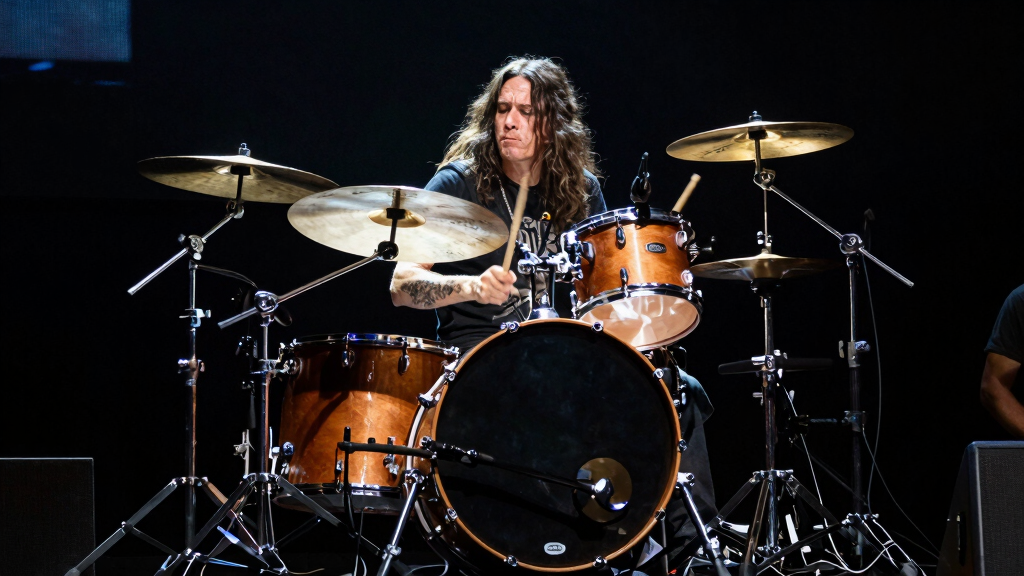 Dave Grohl drumming at a stadium rock concert