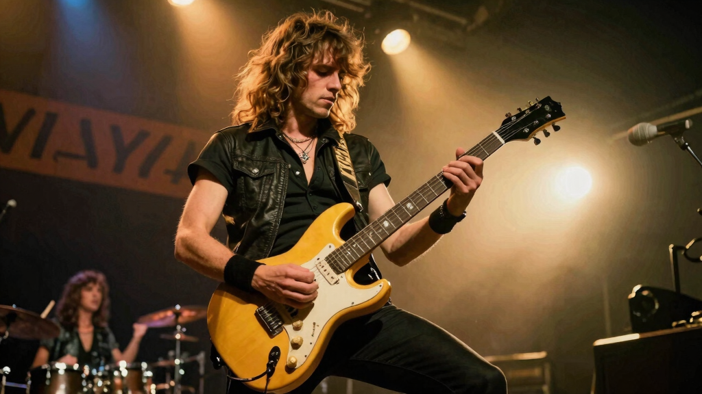 Rock musician playing guitar on stage with dramatic lighting
