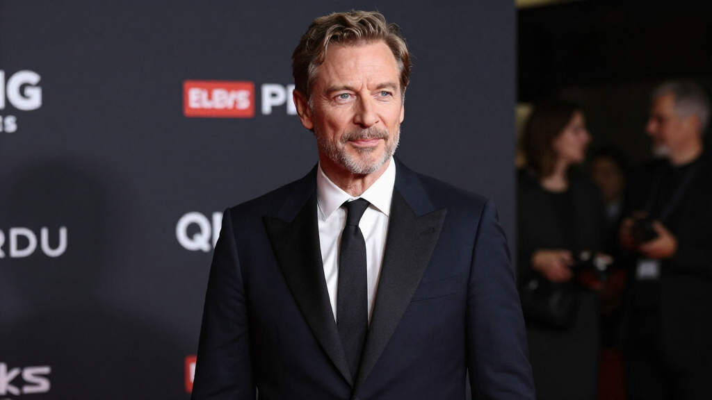 Intense character actor at film premiere in dark stylish suit, theatrical presence at entertainment event