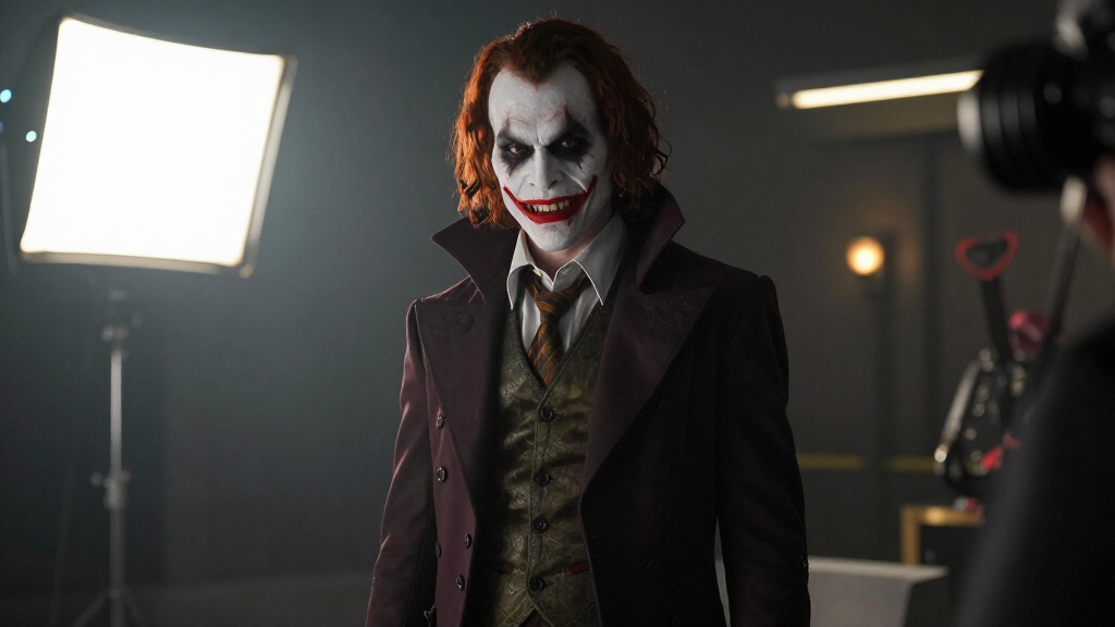 Actor in dramatic villain costume on blockbuster movie set with cinematic lighting, professional film production