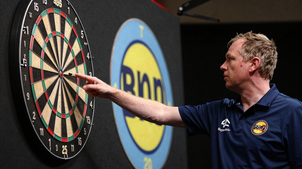 Experienced darts player pointing at dartboard after successful throw in competition