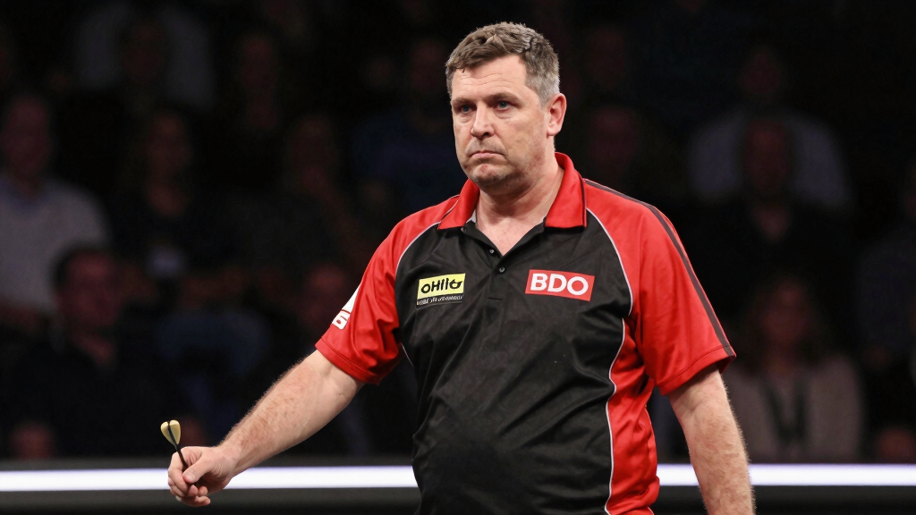 Veteran darts player in red and black costume at BDO World Championship Lakeside