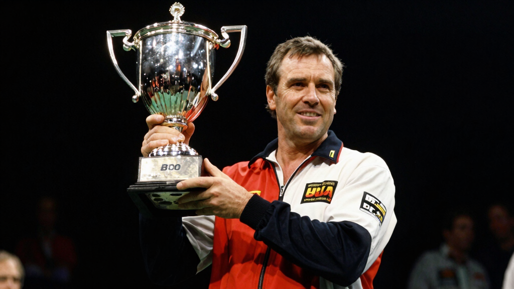 Classic darts champion holding BDO world championship trophy at Lakeside celebrating victory